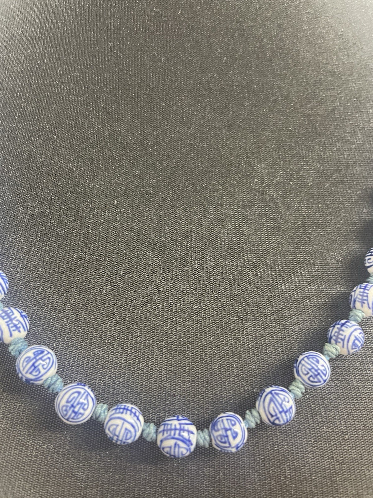 Vintage Chinese Blue &White Porcelain Hand Painted Beads Longevity Necklace