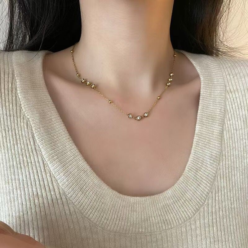 SET Woman 18K Gold Plated Beaded CZ Charm Necklace Bracelet