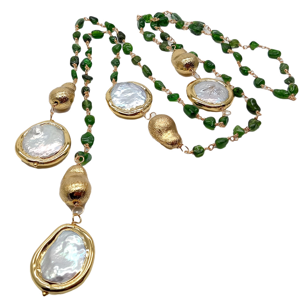 Natural Green Diopside Cultured White Coin Pearl Long Necklace 41″