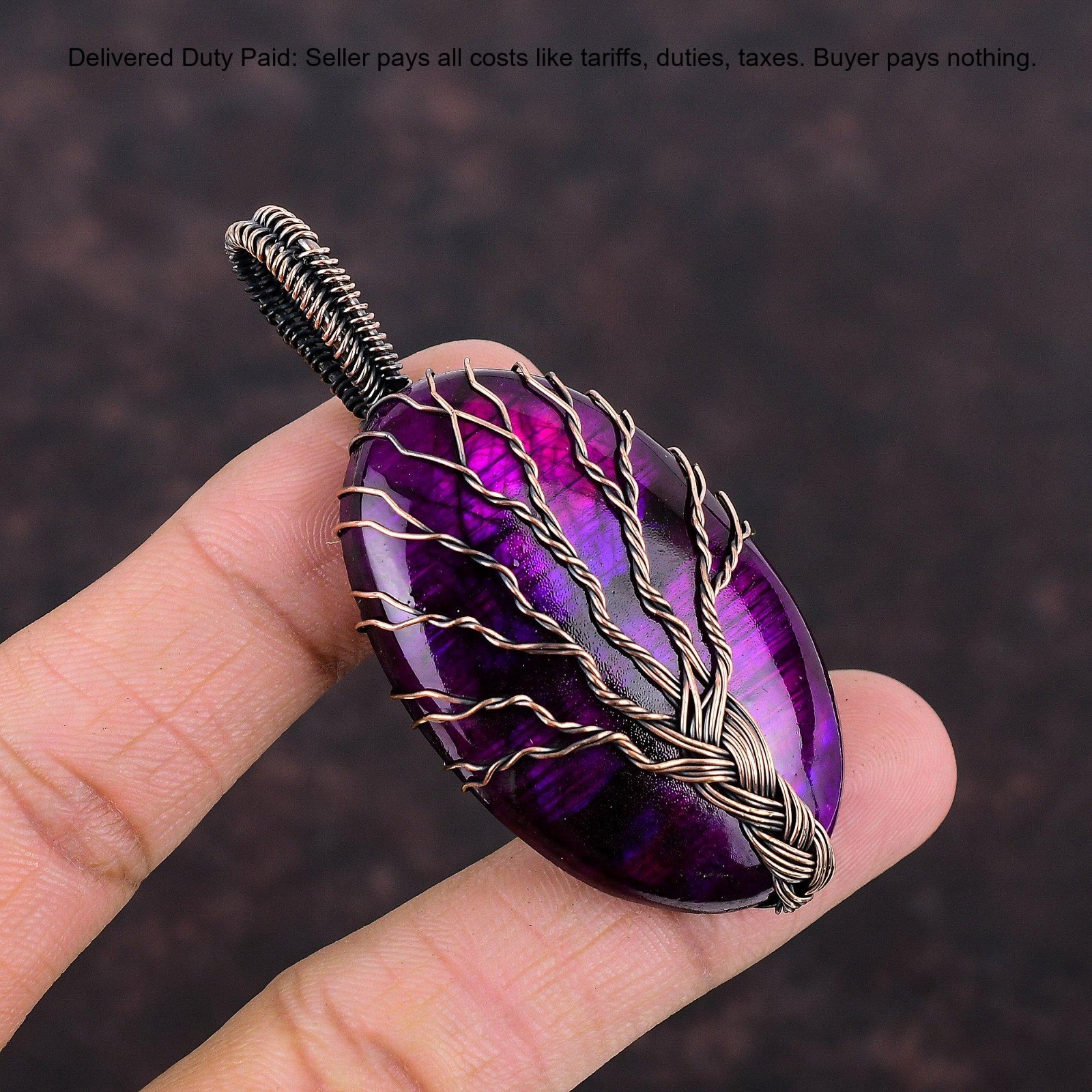 Natural Pink Fire Labradorite No Stone Copper Third Eye Chakra Pendant Jewelry