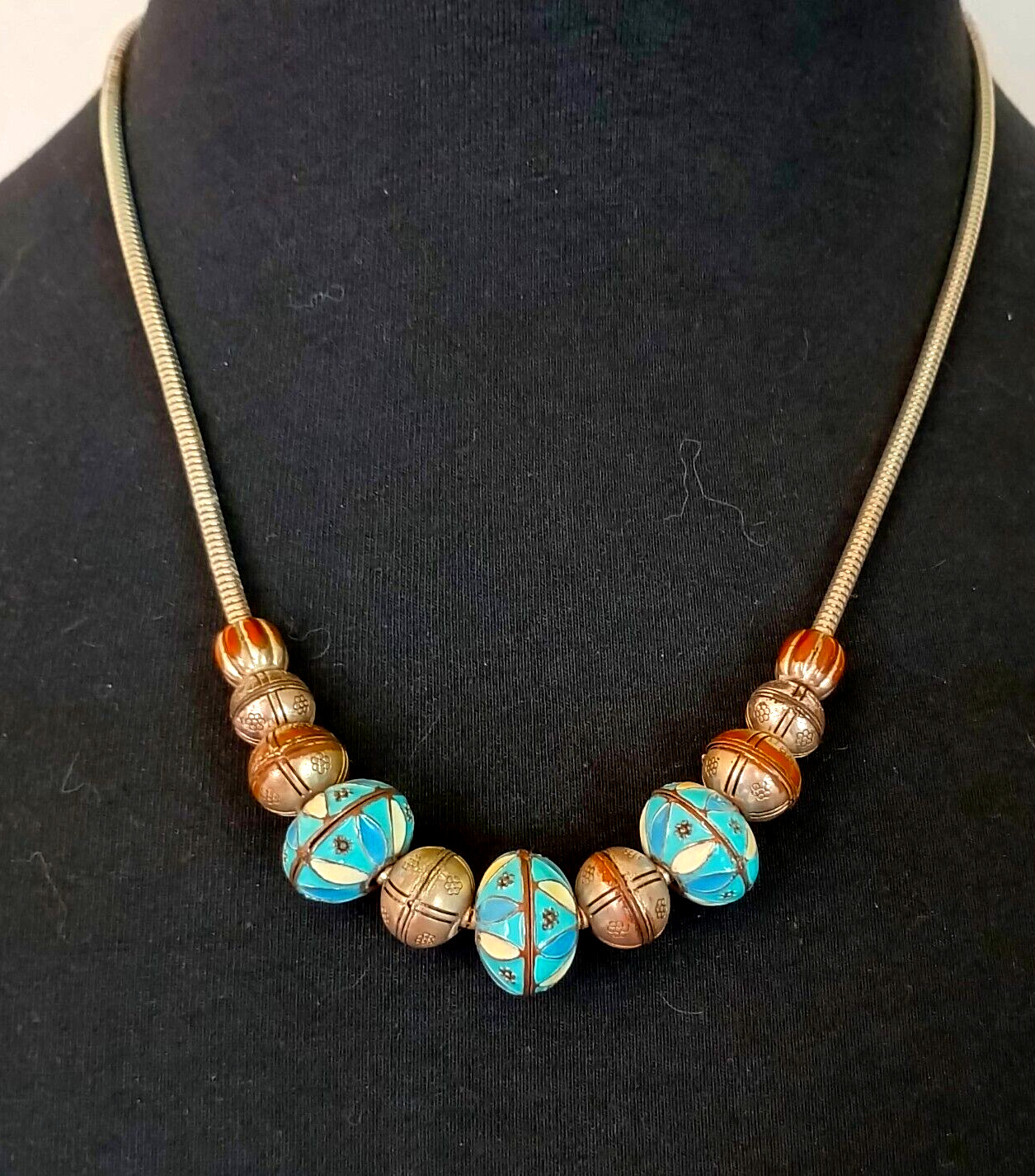 Vintage Fashion Necklace Pretty Enameled Metal Beads on a Silver Tone Chain