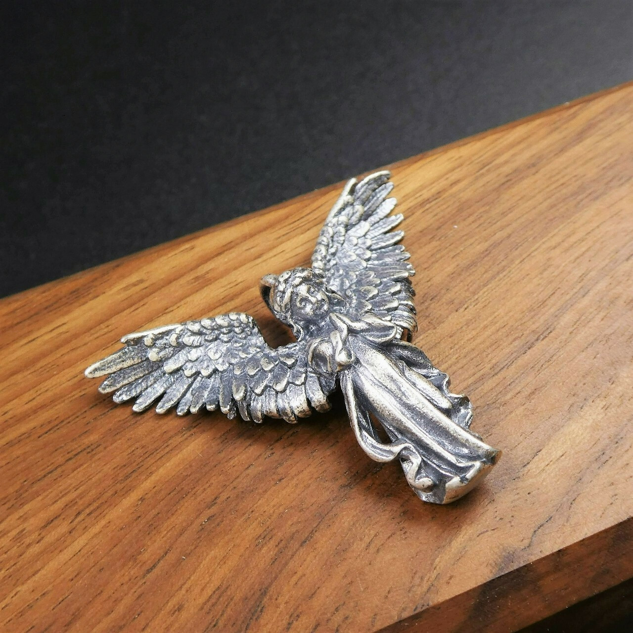 Antiqued 925 Sterling Silver Praying Angel Pendant with Open Wings Unique