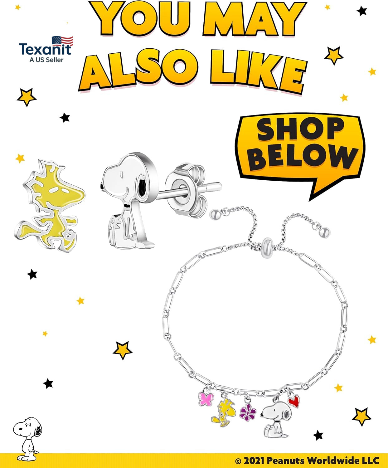 Official Snoopy and Woodstock Necklaces, Silver Flash-Plated with Red Crystal He