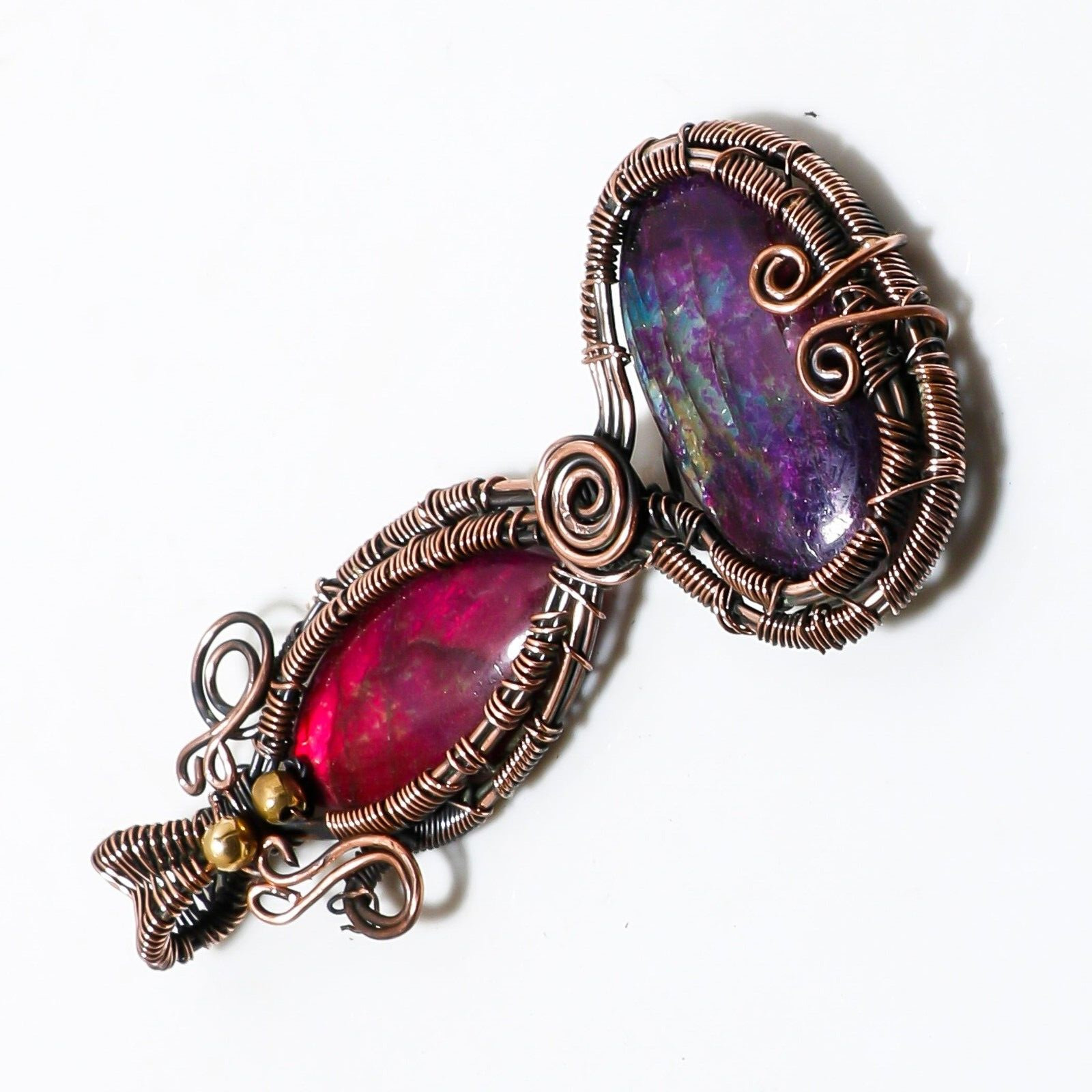 Wire Warp Copper Pink Fire Labradorite Gemstone Pendant Jewelry Size 3 Inches