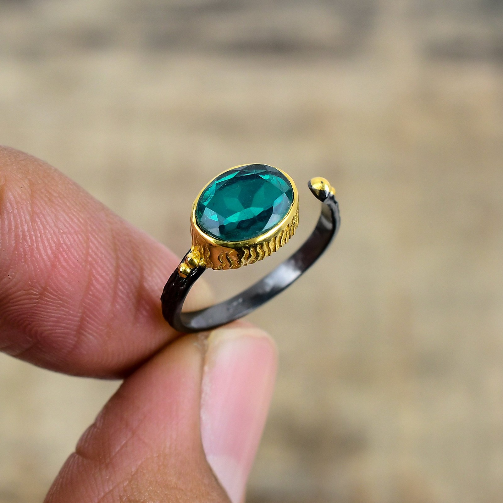 Paraiba Tourmaline Black & Gold Plated 925 Sterling Silver Ring S.Adjustable R73