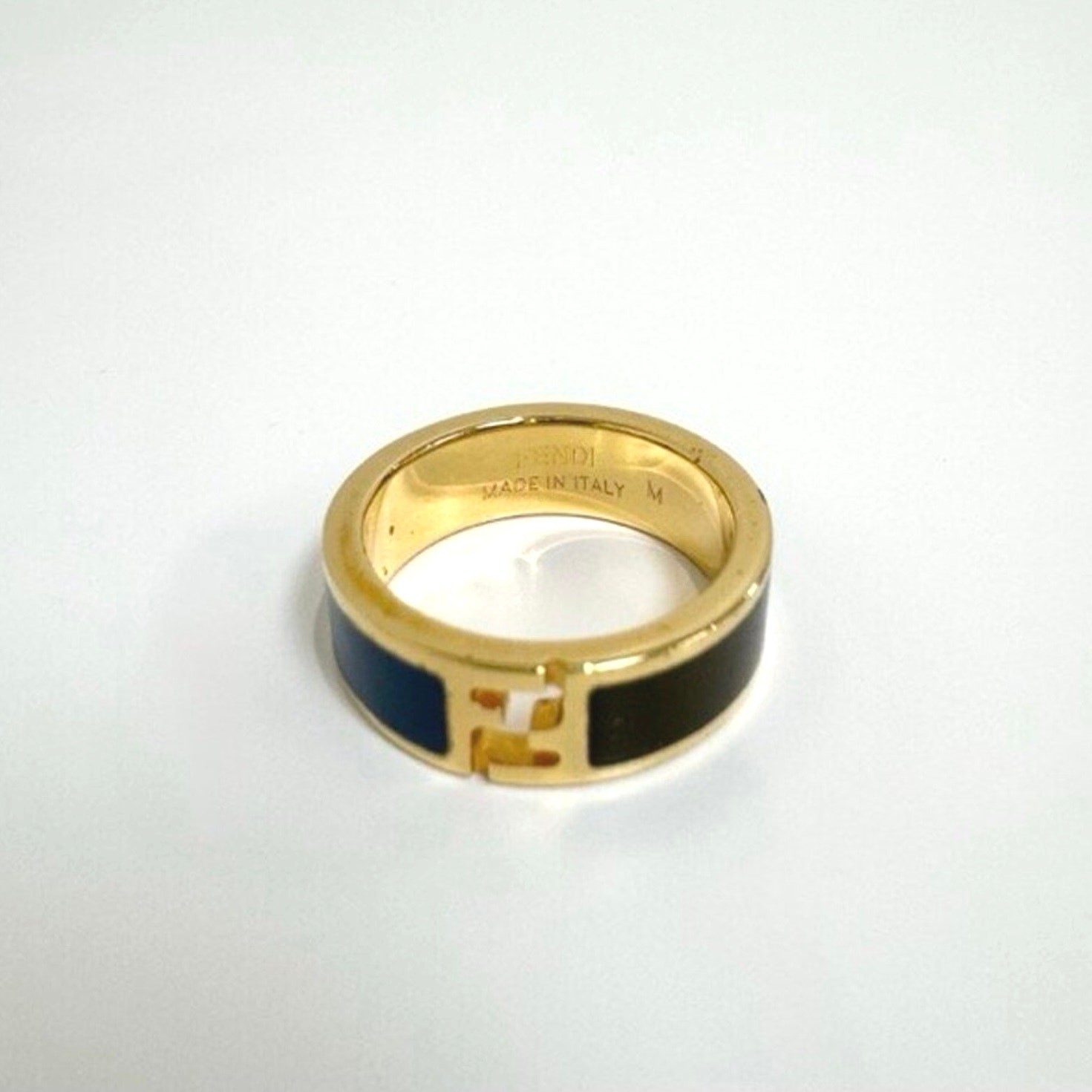 FENDI Fendista Bi-Color Blue and Brown Enamel Gold Ring M FF Logo Jewelry Italy