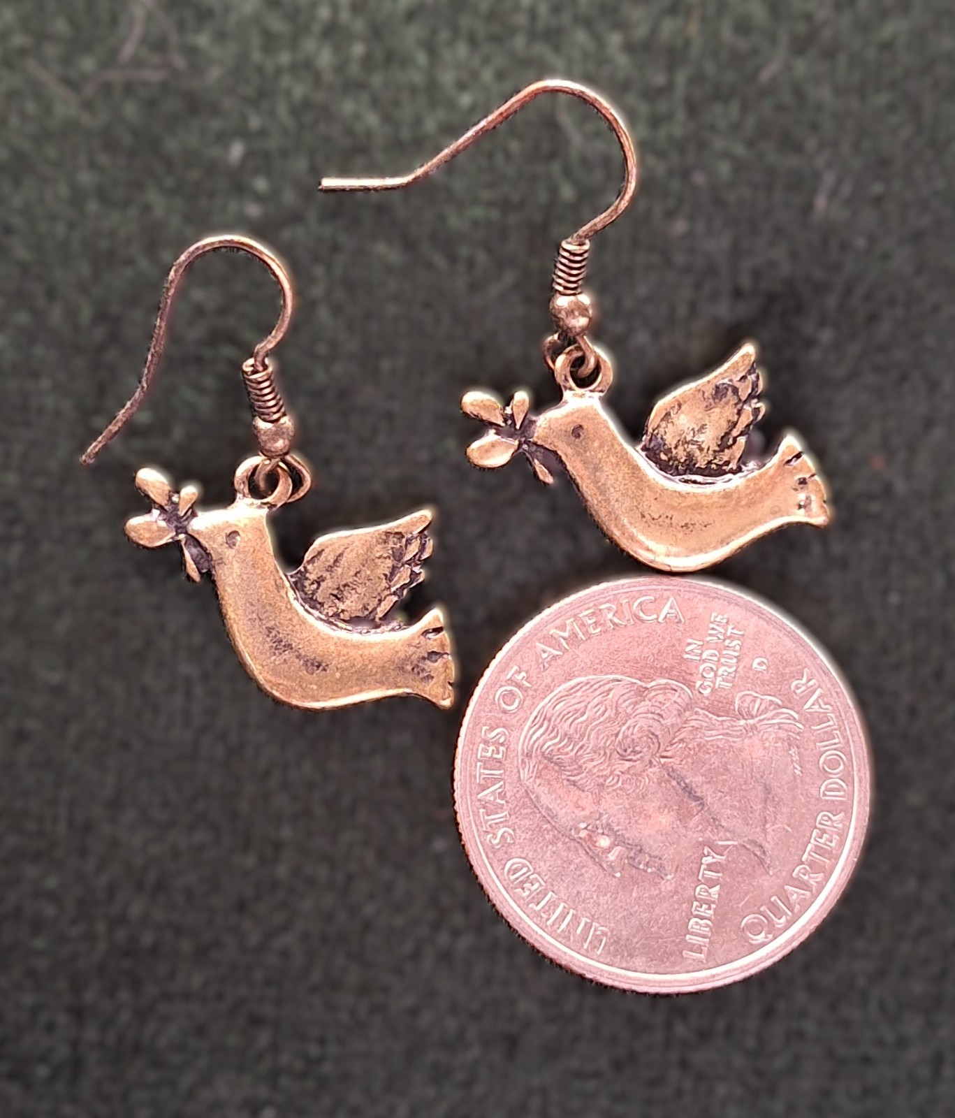 Small Dangle Drop Bronze (and Patina) Bird w Olive Branch Earrings Unsigned