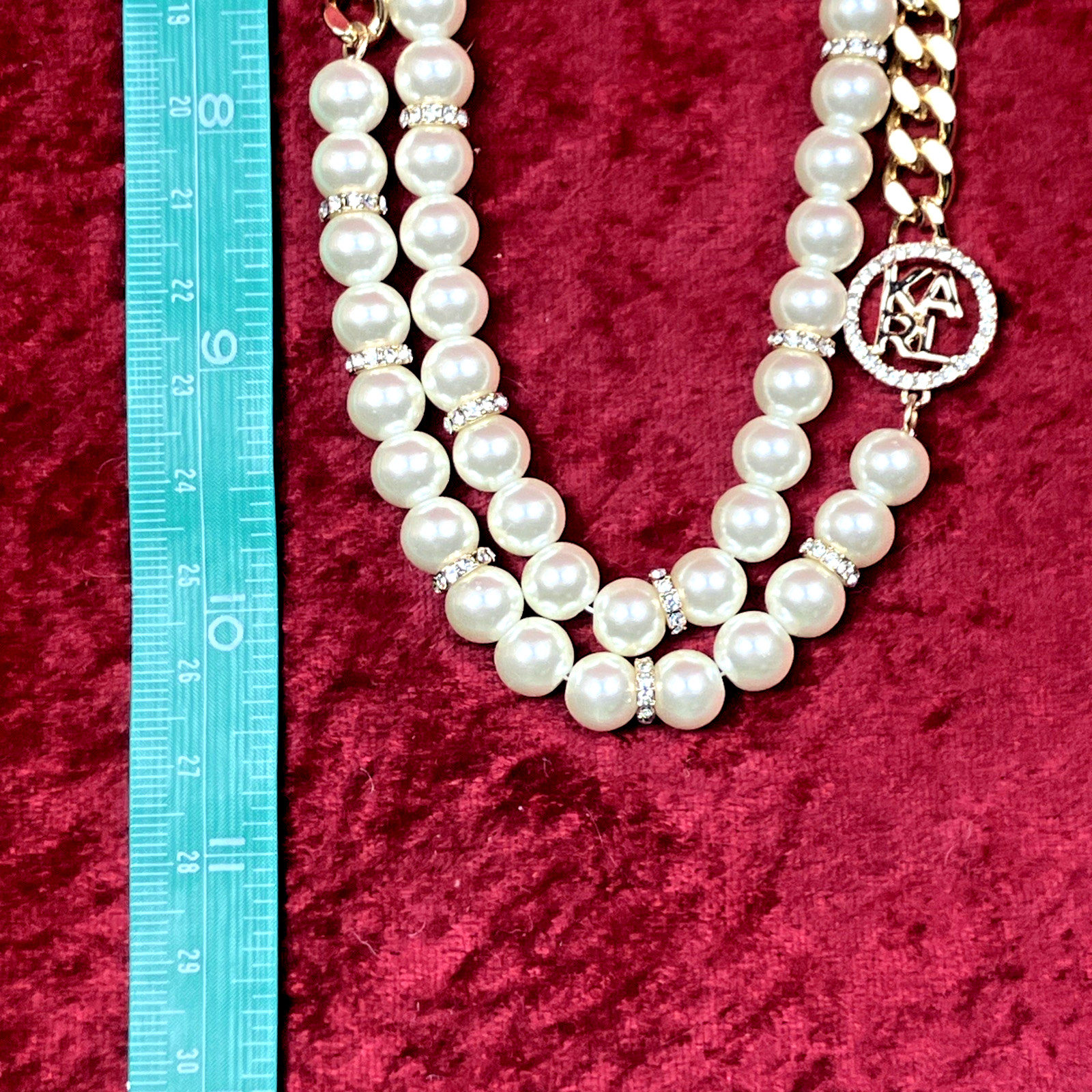 Karl Lagerfeld Gold Tone Imitation Pearl Omega Double Row Necklace NWOT