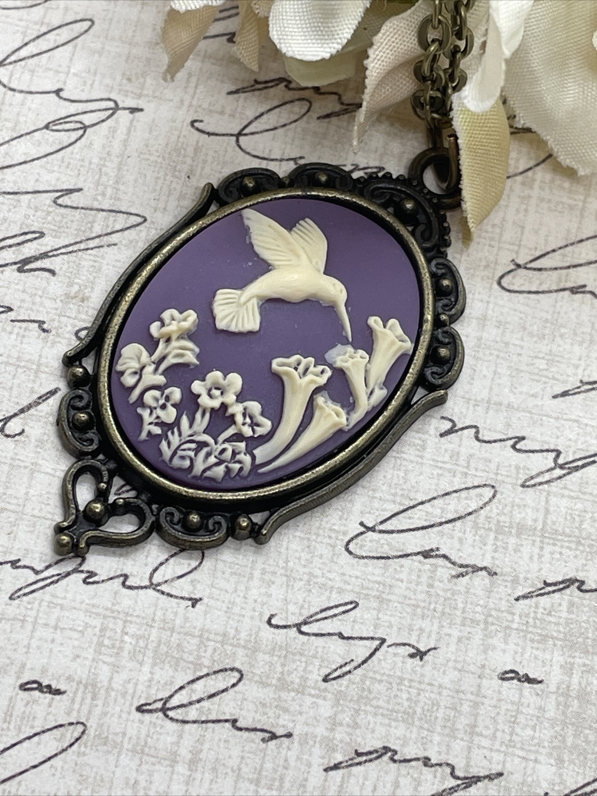 Purple Bronze Hummingbird Necklace Pendant Cameo Mom Daughter Birthday wedding
