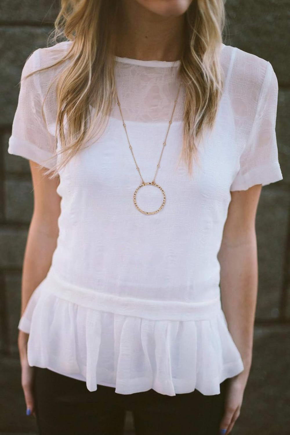 18K Gold Plated Circle Pendant Necklace Long Satellite Beaded Chain Jewelry for