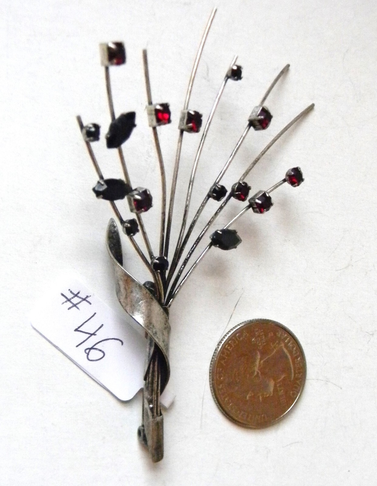 Brooch 2.5″ x 3.5″ Silver-Tone Floral Spray of Red Rhinestone Blooms ~46 no mark