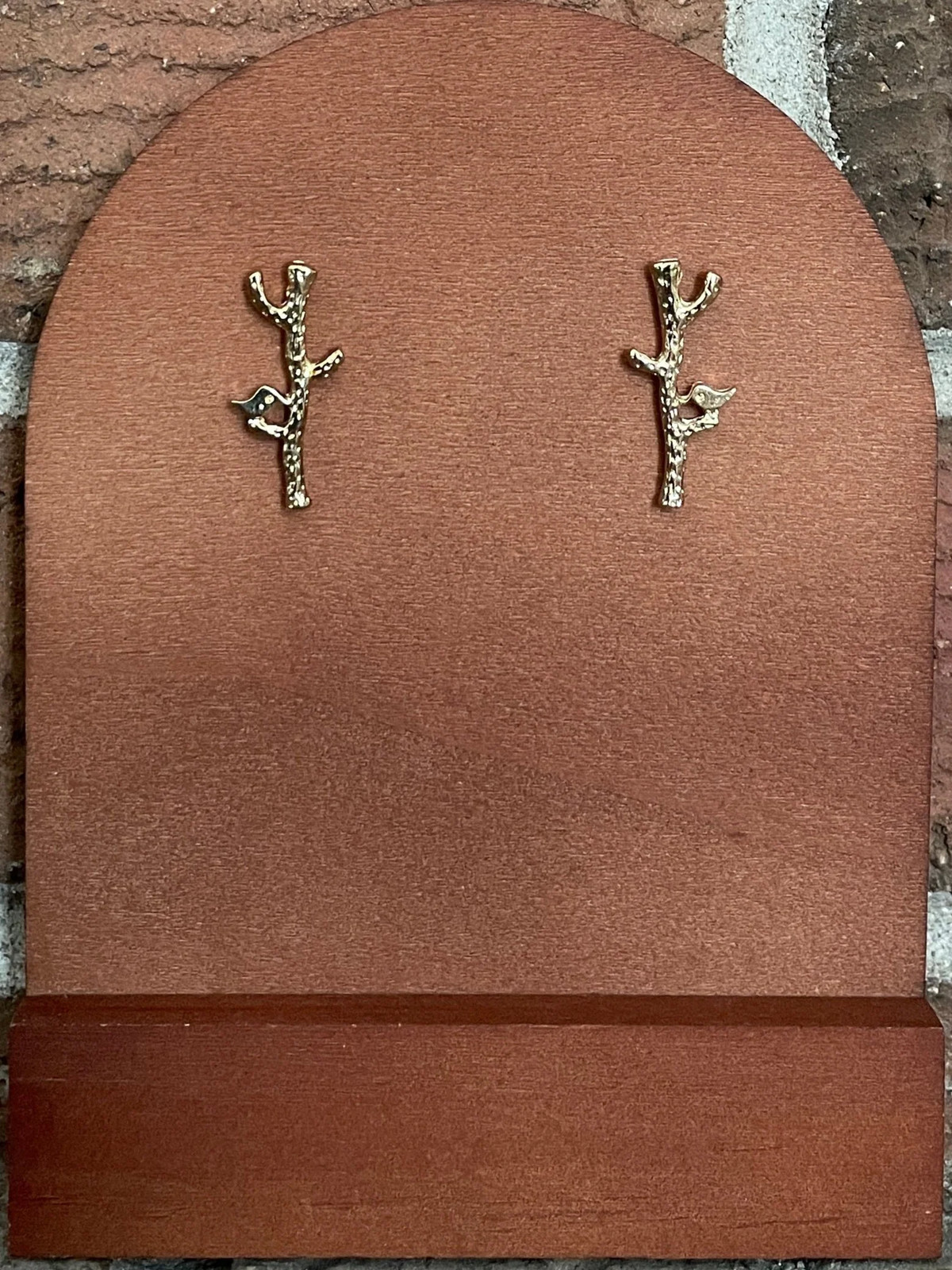 New Bird on Branch Stud Earrings Gold Nature Boho Western Outdoor Tree Unique