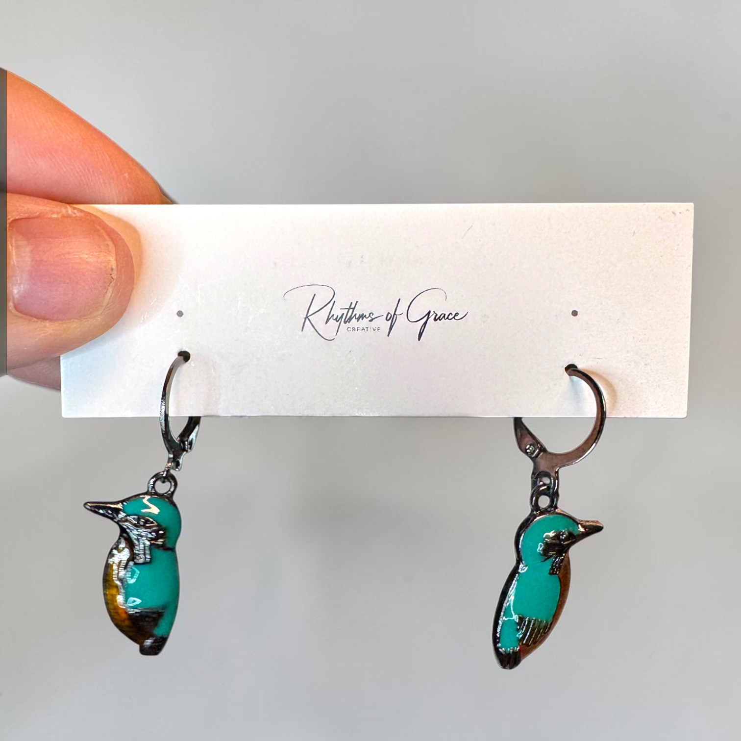 Kingfisher Bird Hoop Earrings Turquoise Enamel Silver Tone Cute Nature Wildlife