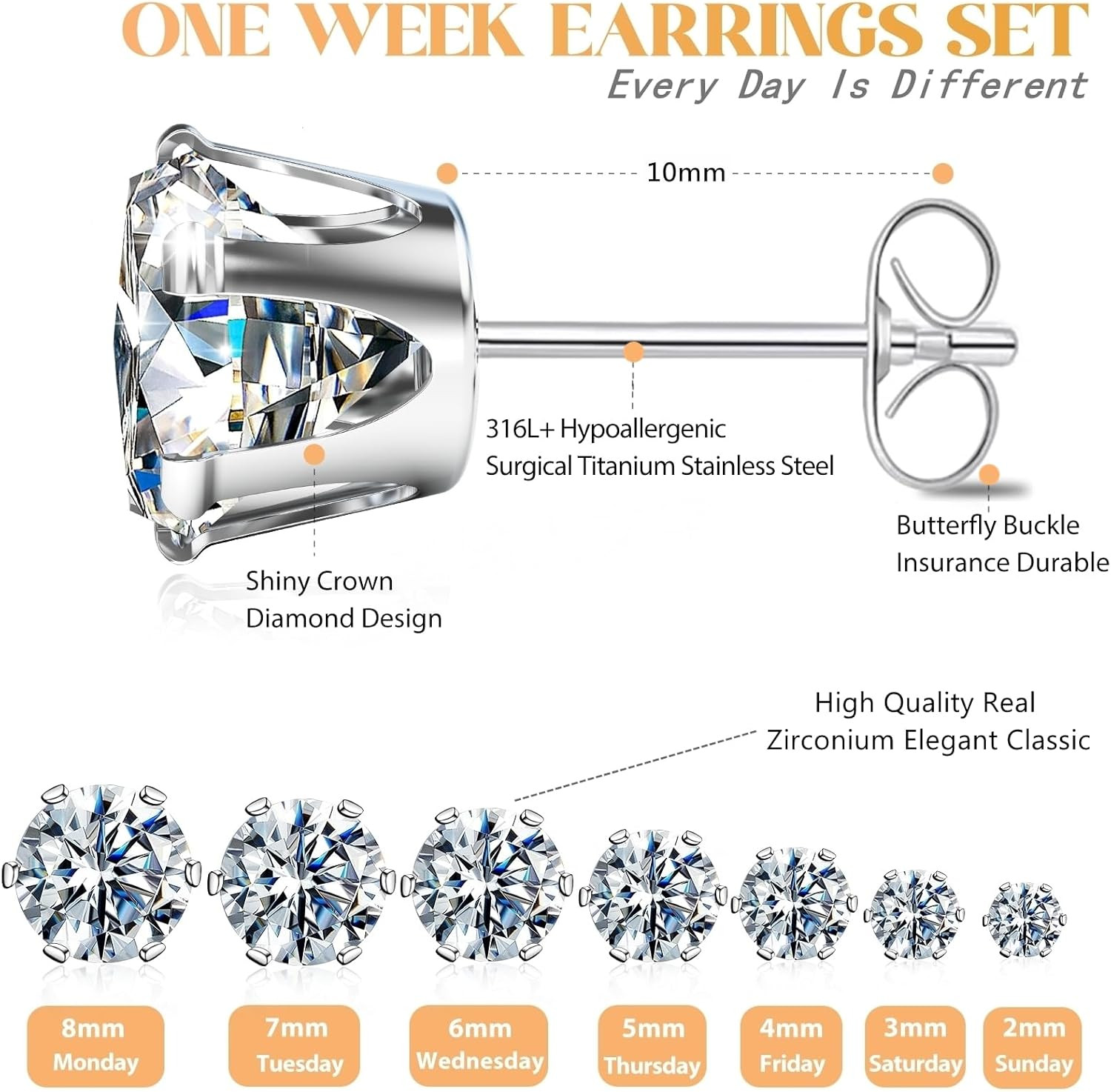 Silver Gold Black Stud Earrings Set 7Pairs Hypoallergenic Cubic Zirconia Titaniu