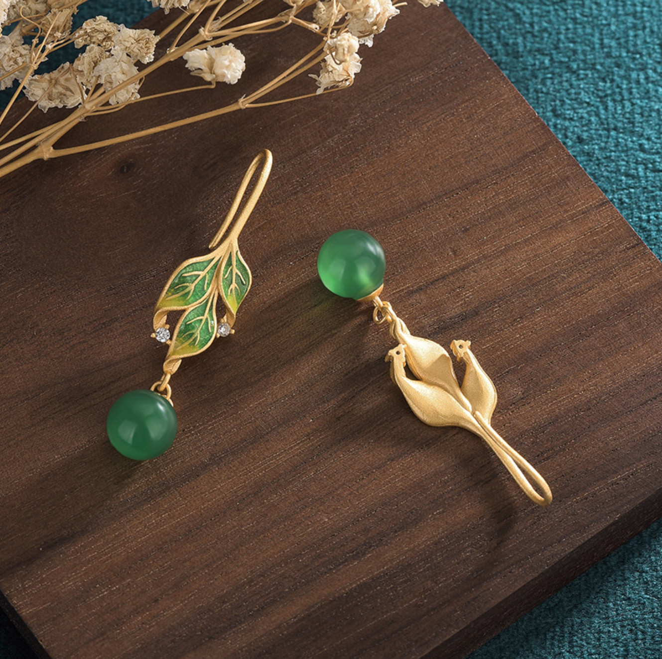 Green Jade Drop Dangle Earrings Boho Gemstone Leaf Design Hook 18K Gold Plated
