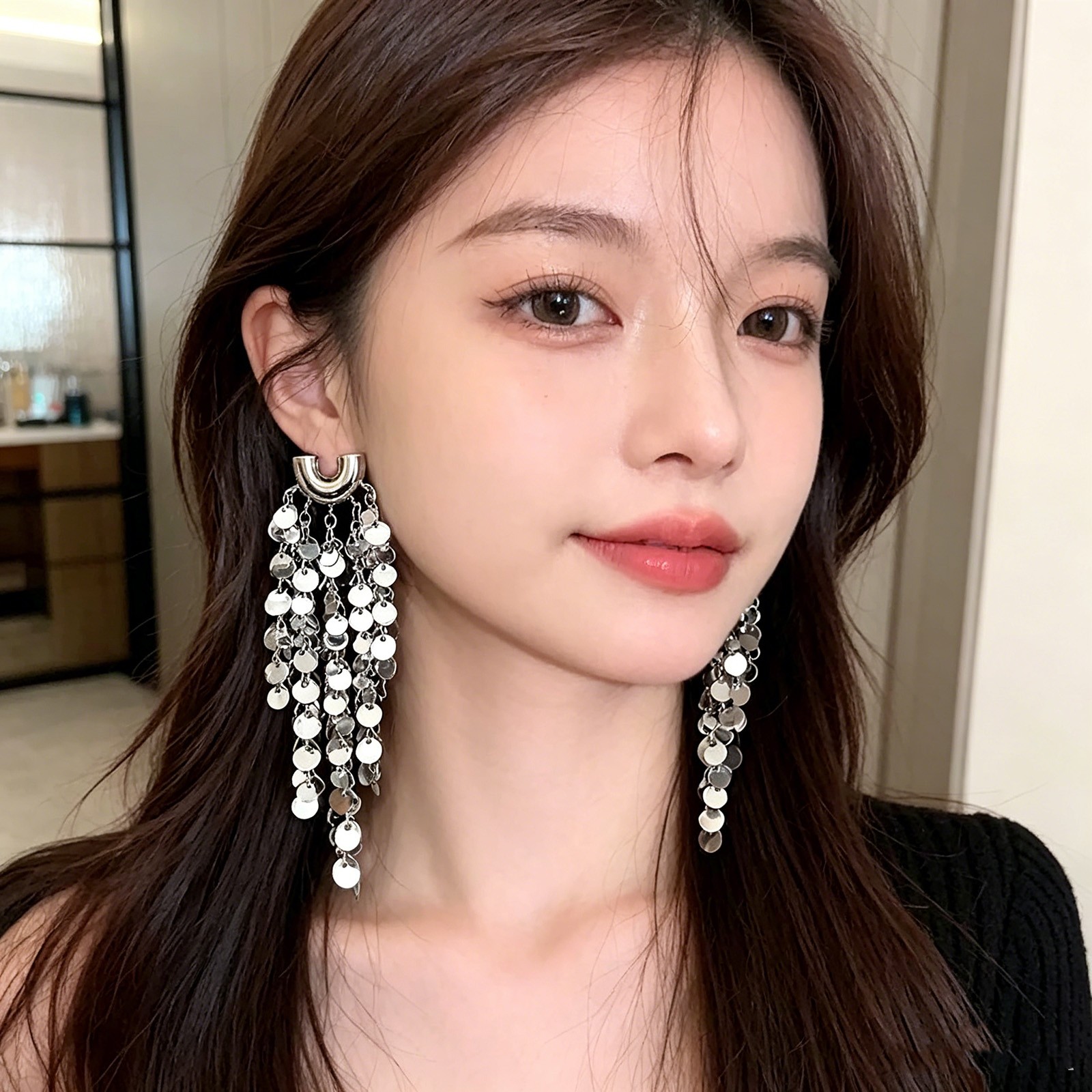 Shiny Sequin Tassel Drop Earrings Bohemian Long Dangle Earrings Party Wedding