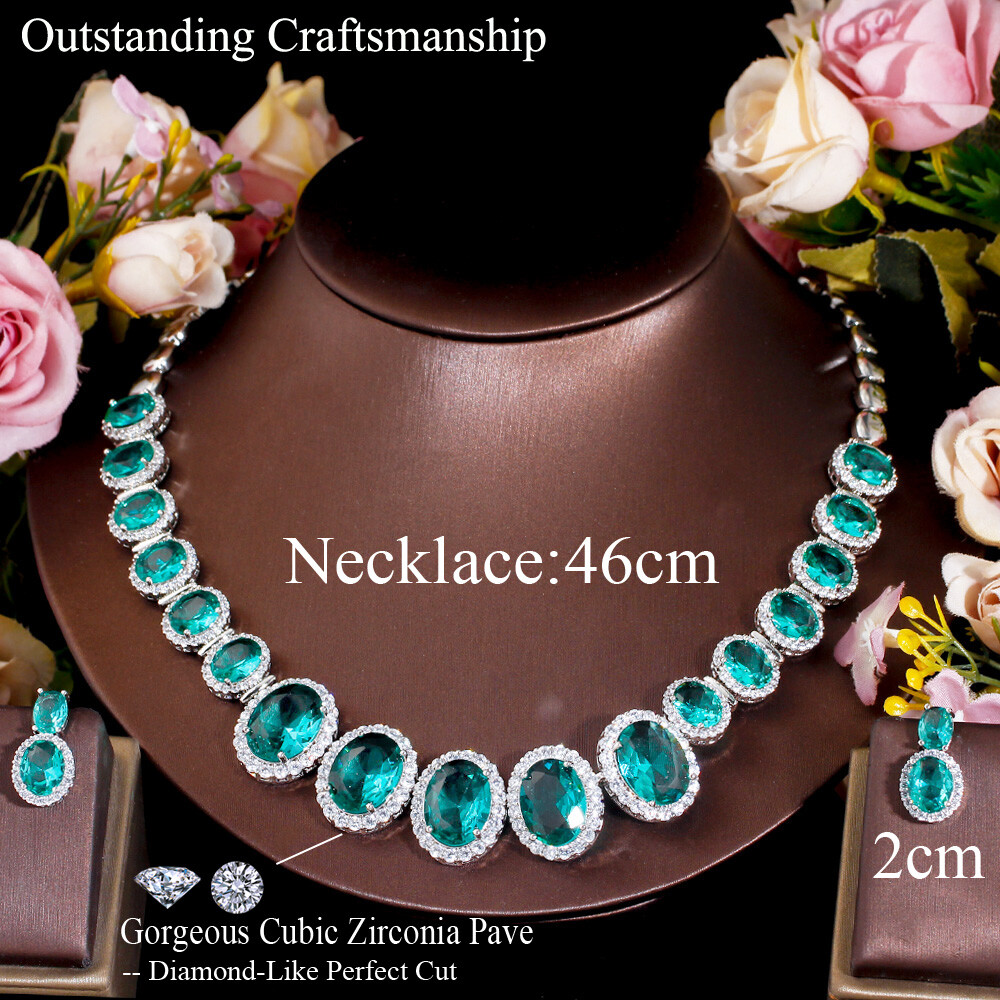 Gorgeous Big Green Oval Necklace Earrings Silver Plated Zircon Women Jewelry Set