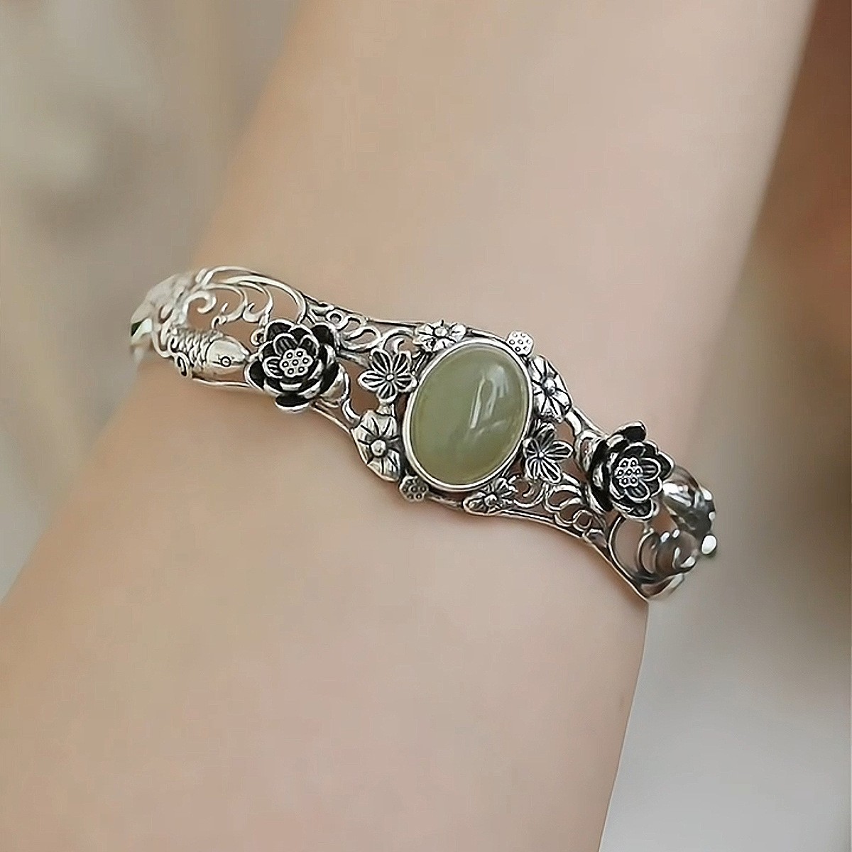 Chinese Lotus Koi Open Cuff Bracelet – Hanfu Qipao Accessory