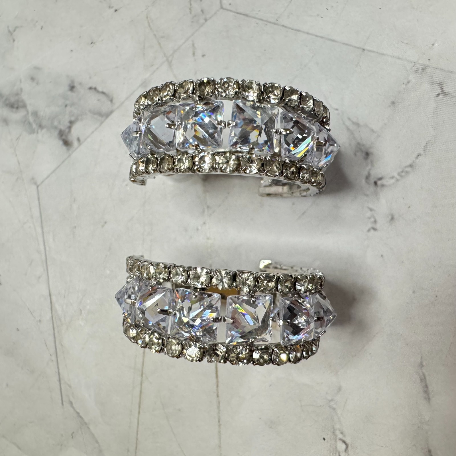 Diamond Zircon C Shaped Earrings Hoop Alloy Sparkly Silver Tone Omega Back Event