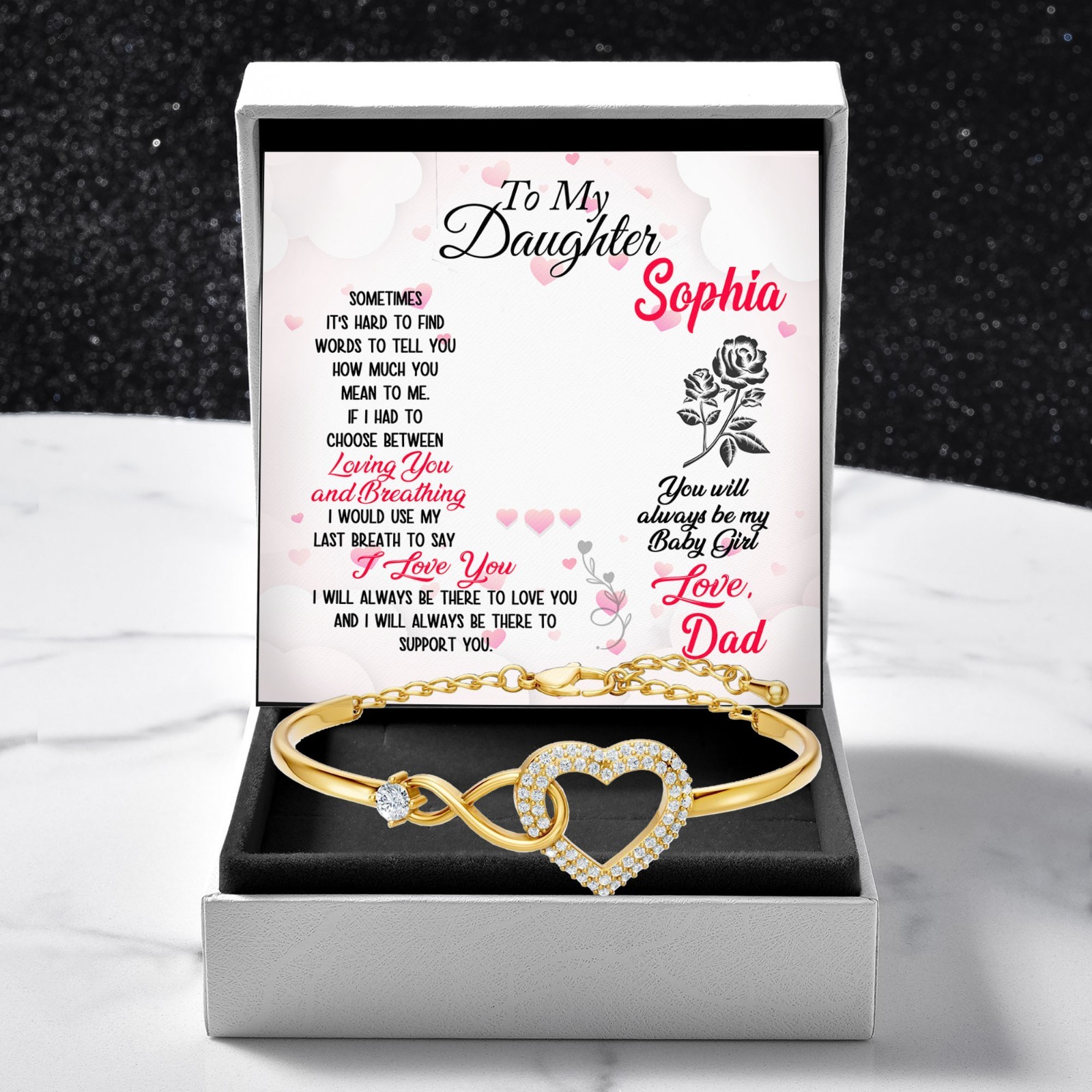 To My Daughter Heart Bracelet from Mom Dad, Daughter Bangle White Gold Plated