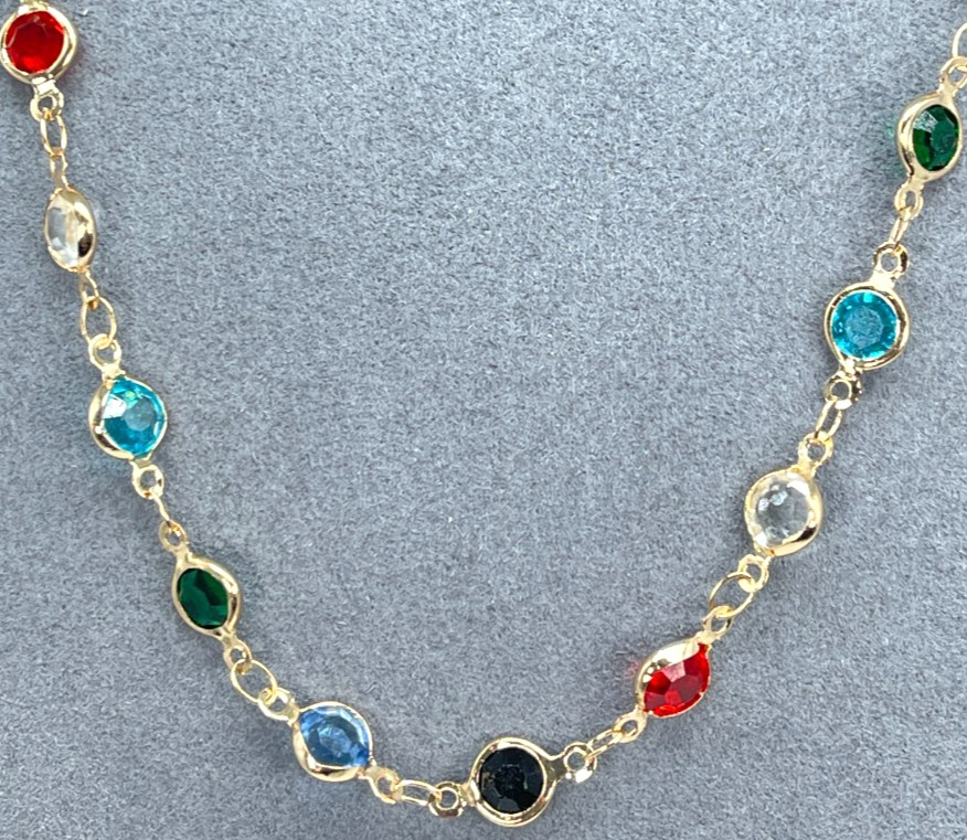 Necklace Gold Tone Blue, Red, Green, White & Black Faceted Crystals. Length 20″