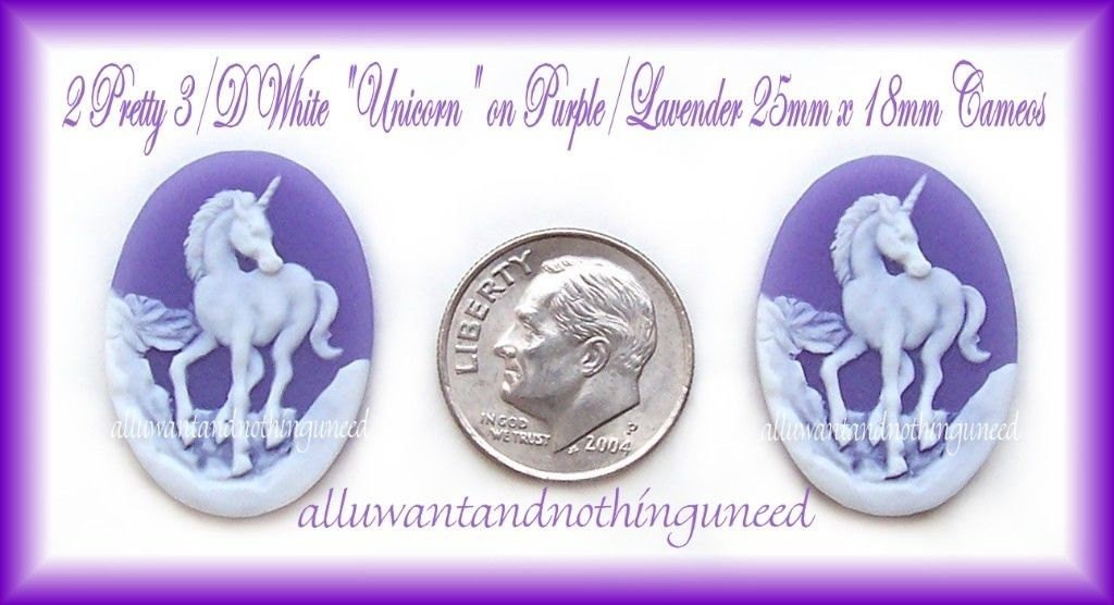 6 Unset WHITE UNICORNS on PURPLE 25mm x 18mm Costume Jewelry CAMEOS for Crafts