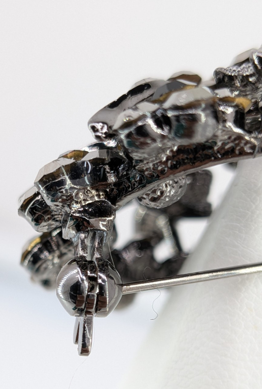 Vintage Gunmetal Rhinestone Flower Brooch Pin Hematite Crystal Dome 2in 30g