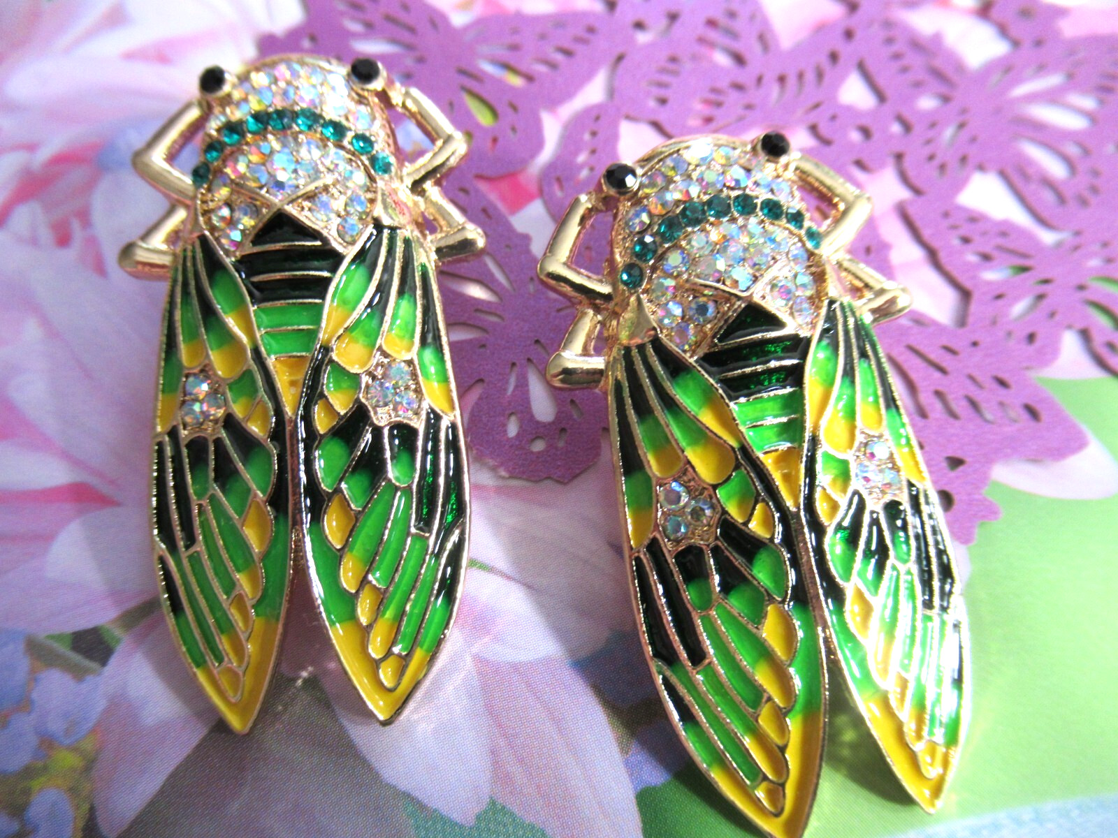 GOLD GREEN AND MULTICOLOR Locust Insect Rhinestone STUD Earrings-NEW