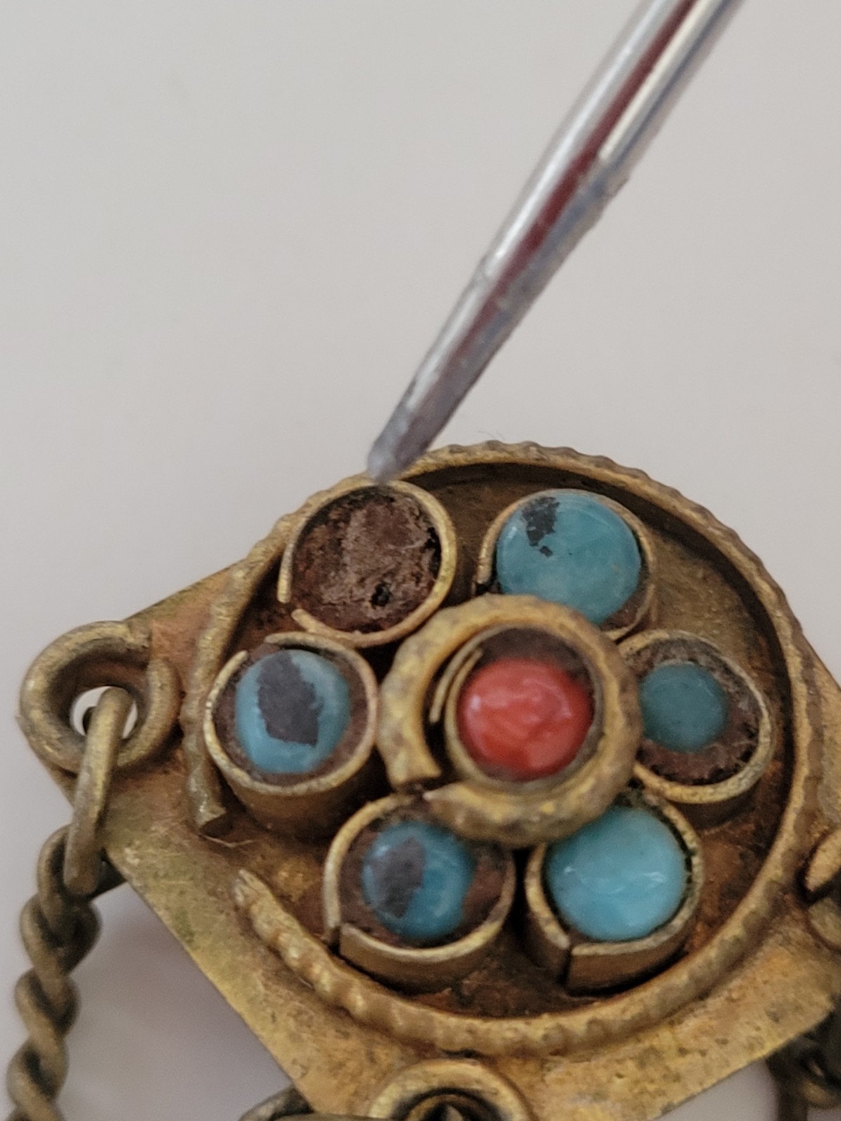 Vintage Himalayan Dangle Earrings Turquoise Coral Gold Tone Clip On Nepal