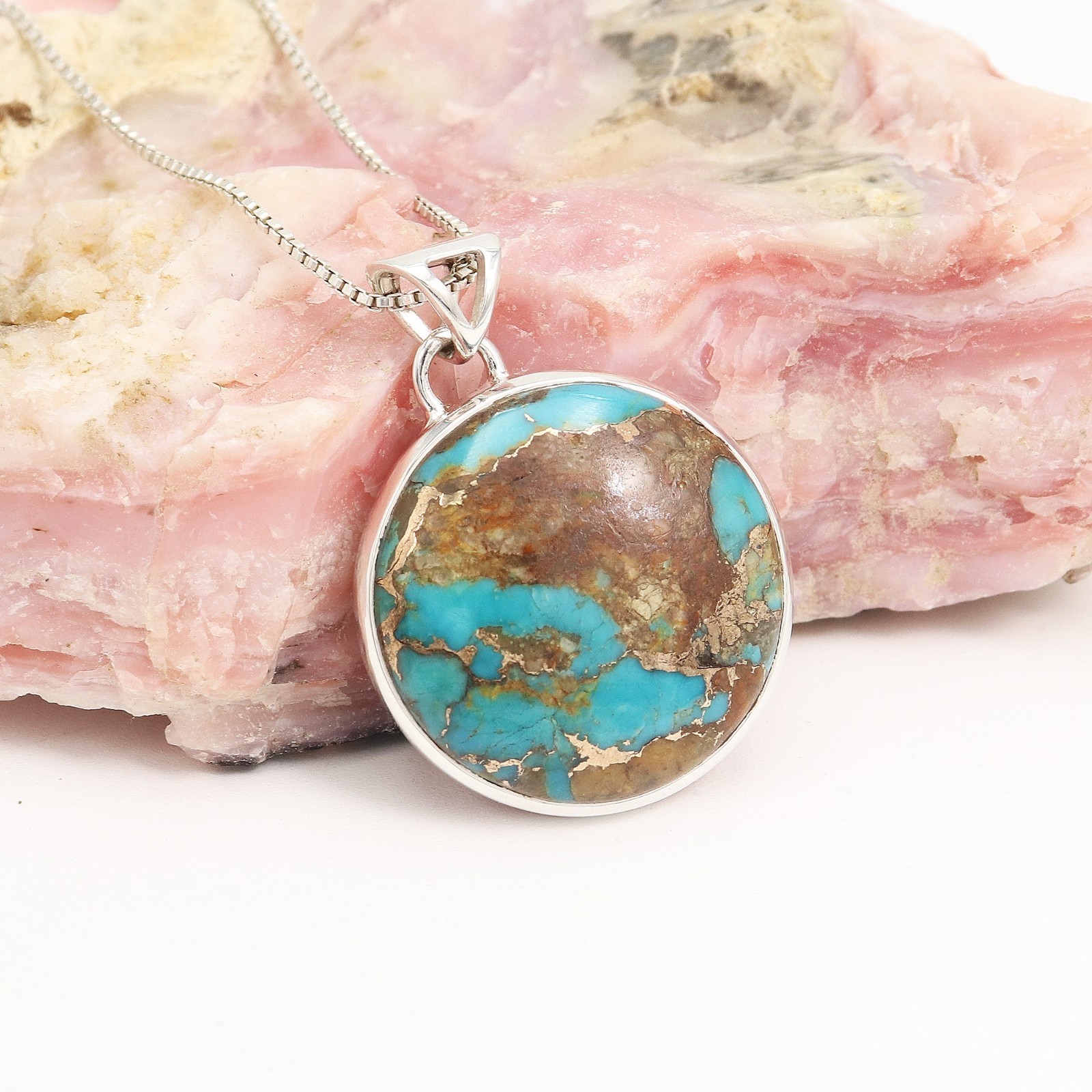 25MM Round Boulder Turquoise Necklace 925 Silver Pendant Gift for Women