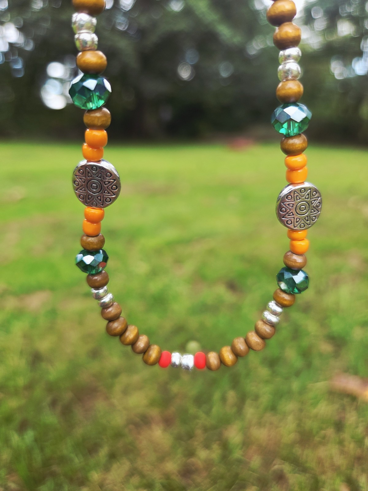 Beaded Necklace Wood Glass Beads Bohemian 18 Inches Lobster Clasp Green Red Boho