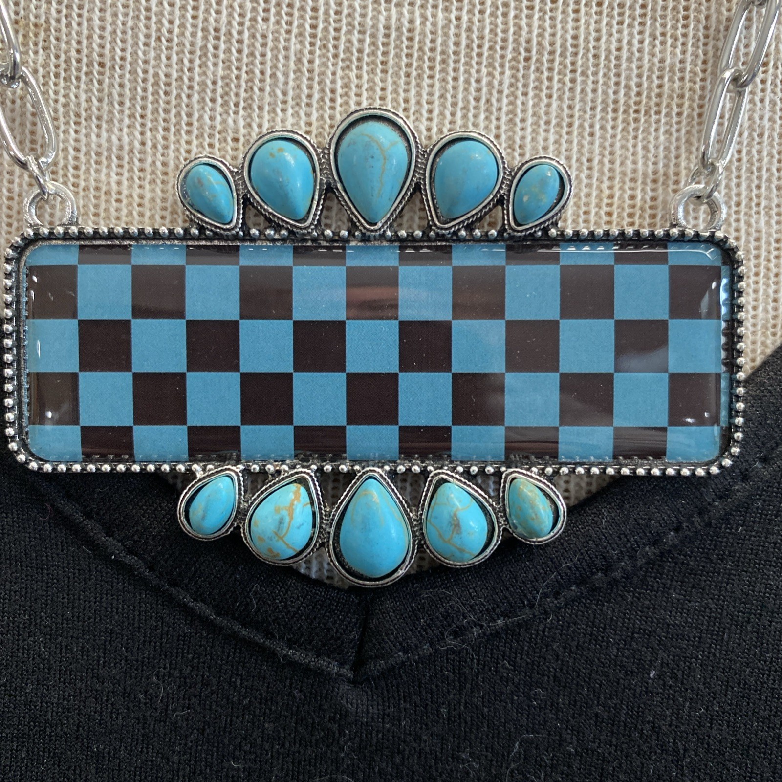 NEW Silver Tone Western Rectangle Checkered Pendant Chain Necklace