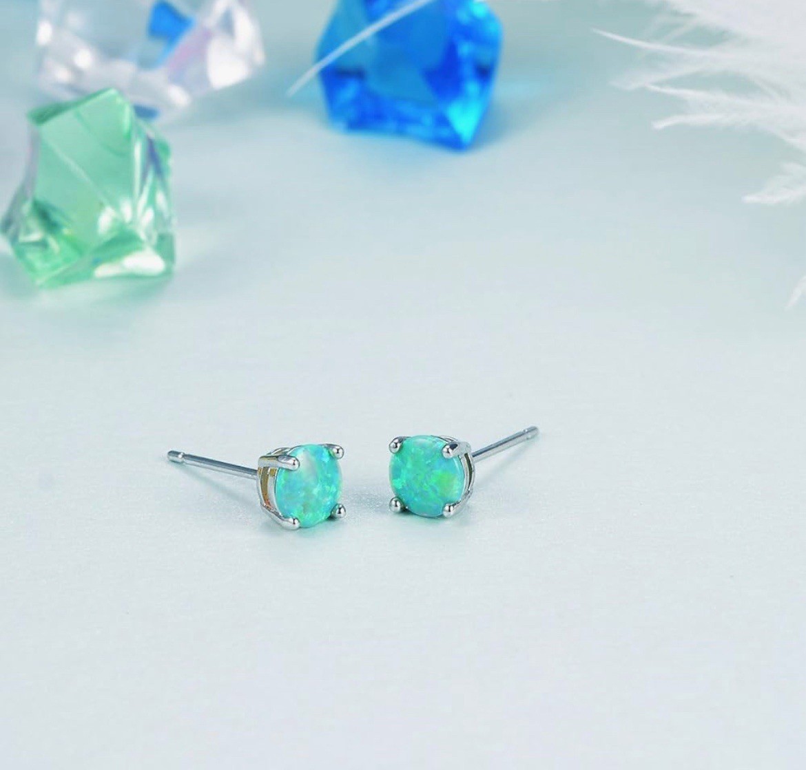 Dazzling Green Fire Opal Cross Necklace & 6mm Stud Earrings Set