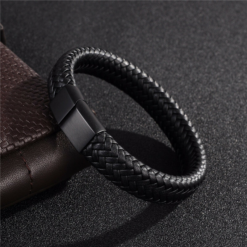 Unisex Women Men Braided Leather Steel Magnetic Clasp Bracelet Handmade