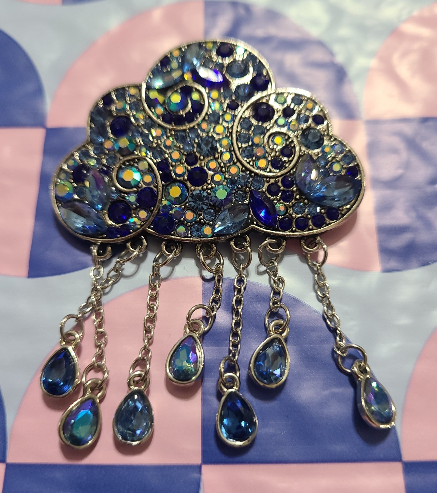 Silver Tone Cloud Brooch w/ Blue Crystal Rhinestones And Dangling Teardrops