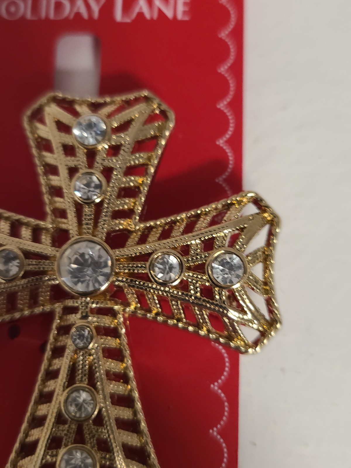 Holiday Lane Gold Tone Crystal Cross Pin Christmas Easter 2 3/8″ x 2″