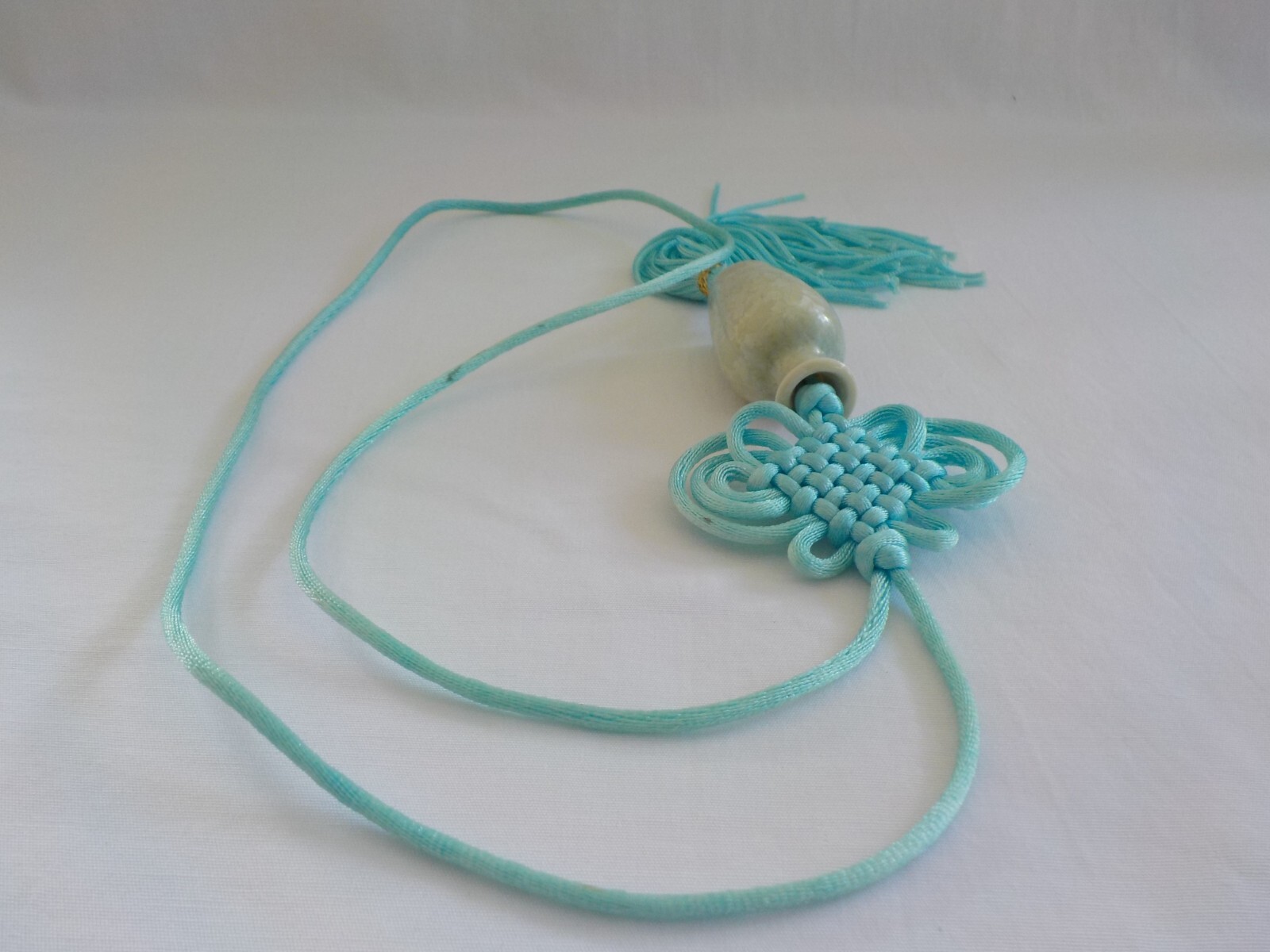 Vase Shape Asian Necklace Cord Woven Tassel Aqua Blue Light Green