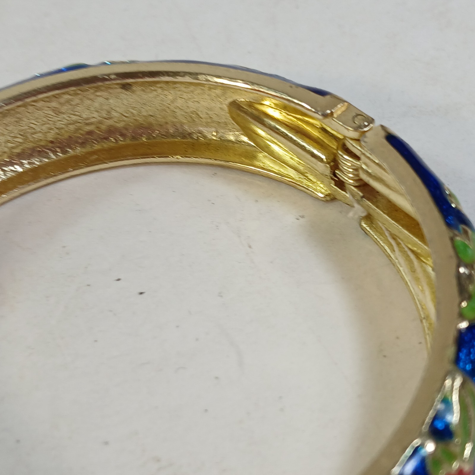 Signed Jiu Long Xing Blue Cloisonné Hinged Bracelet Enamel, Blue Bangle Floral