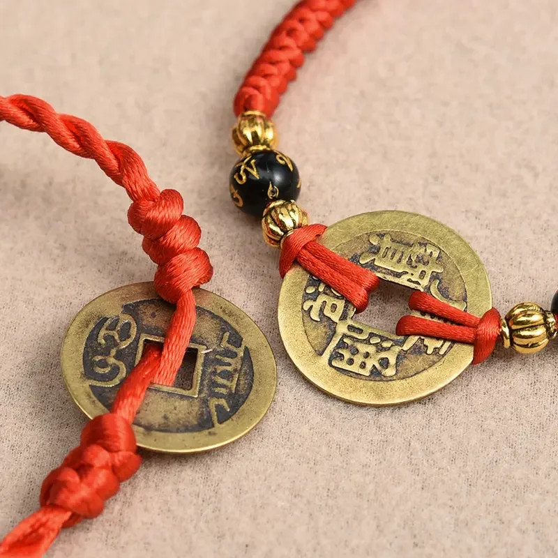 Lucky Five Emperor Money Real Copper Coin Braided Red Rope Bracelet Good Luck