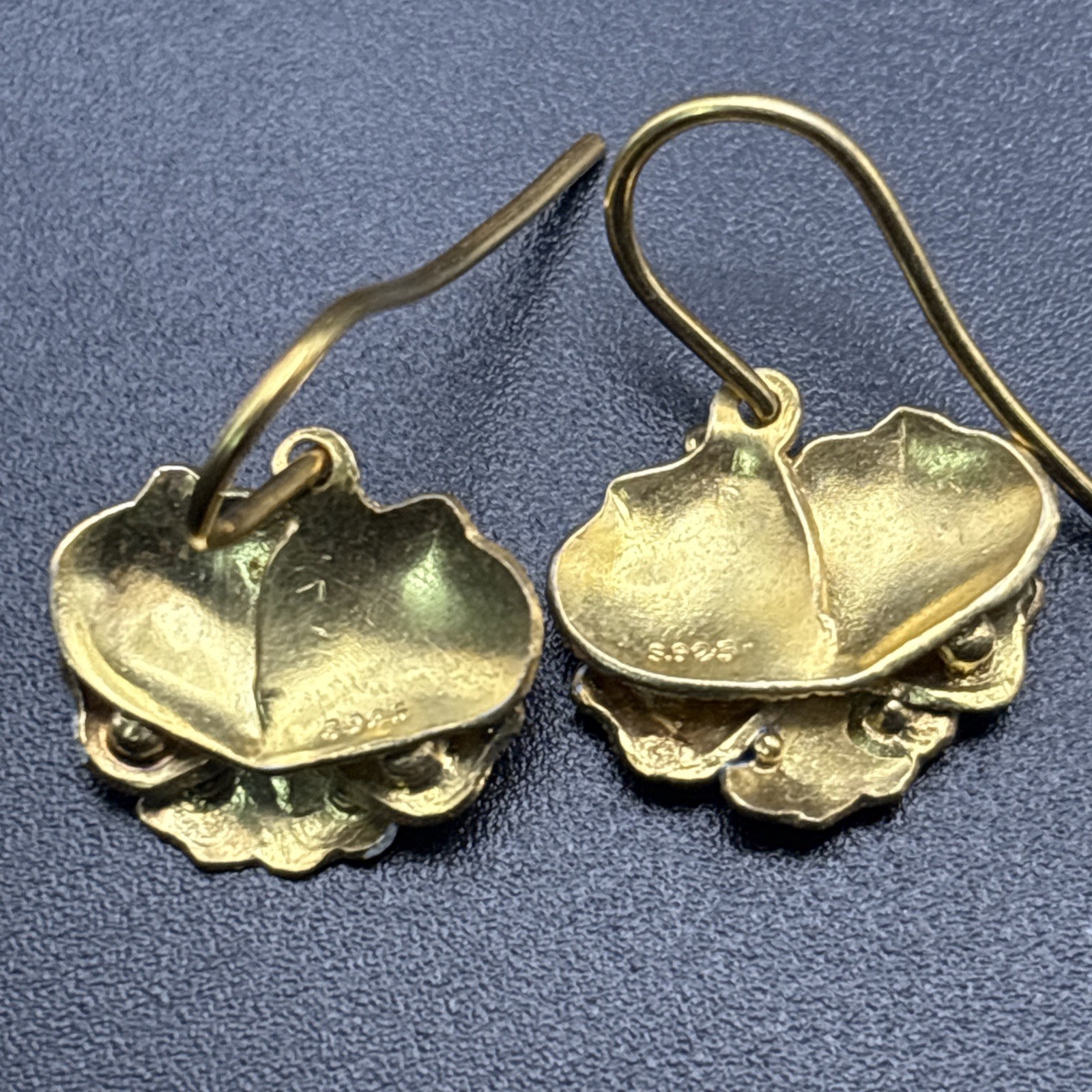 Shashi Earrings Sterling Silver Blue Enamel Gold Wash Pansy Dangle Dainty .75”￼