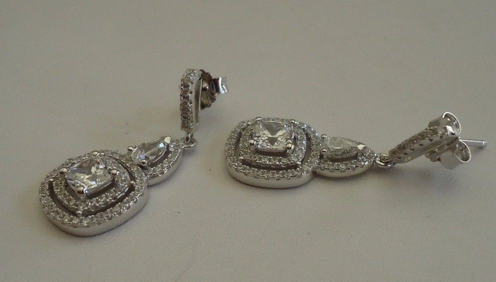925 STERLING SILVER CLEAR TEARDROP SQUARE DANGLING EARRINGS W/ 4 CT LAB STONES