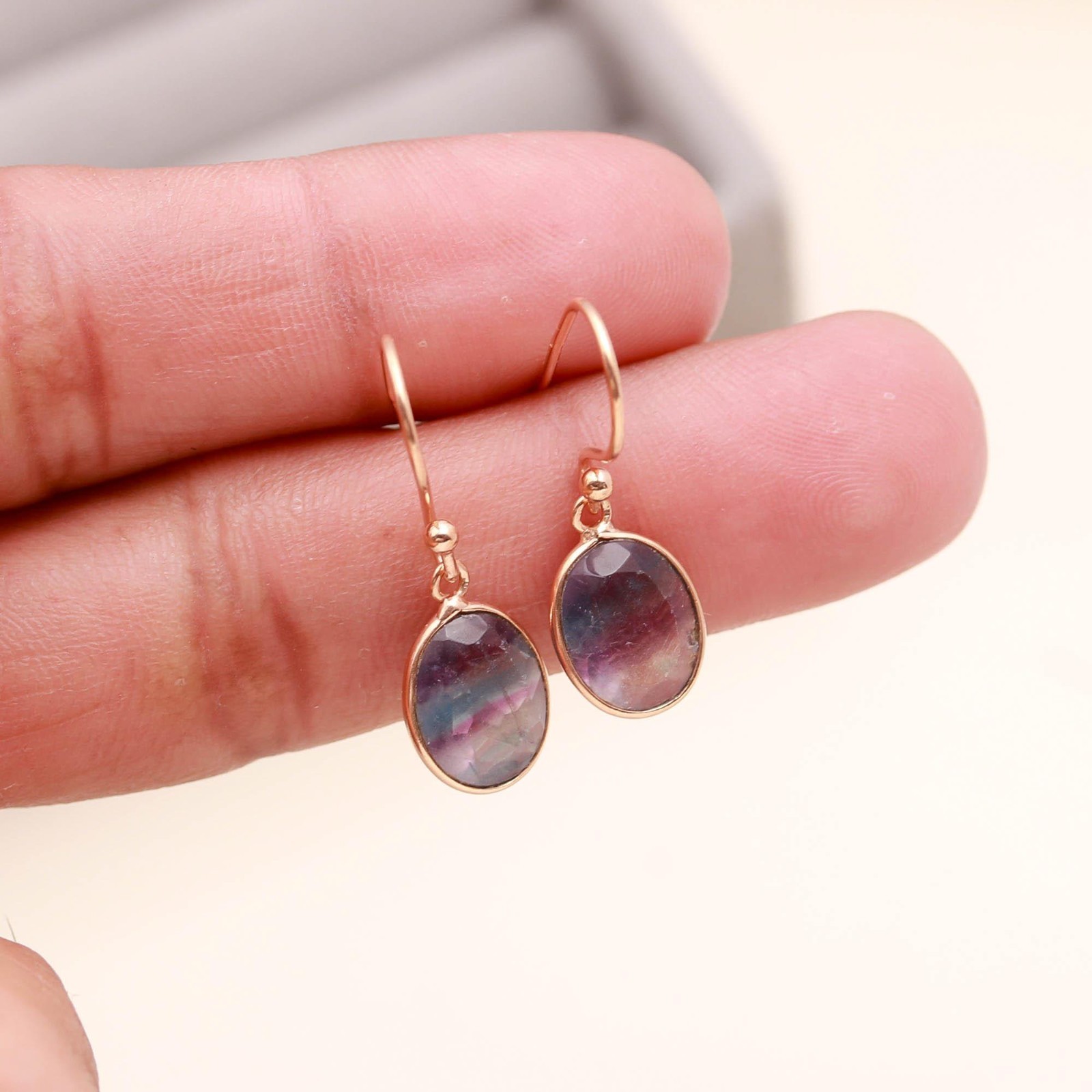 Natural Fluorite Oval Dangle Earrings Rose Gold Fill 925 Sterling Silver Jewelry