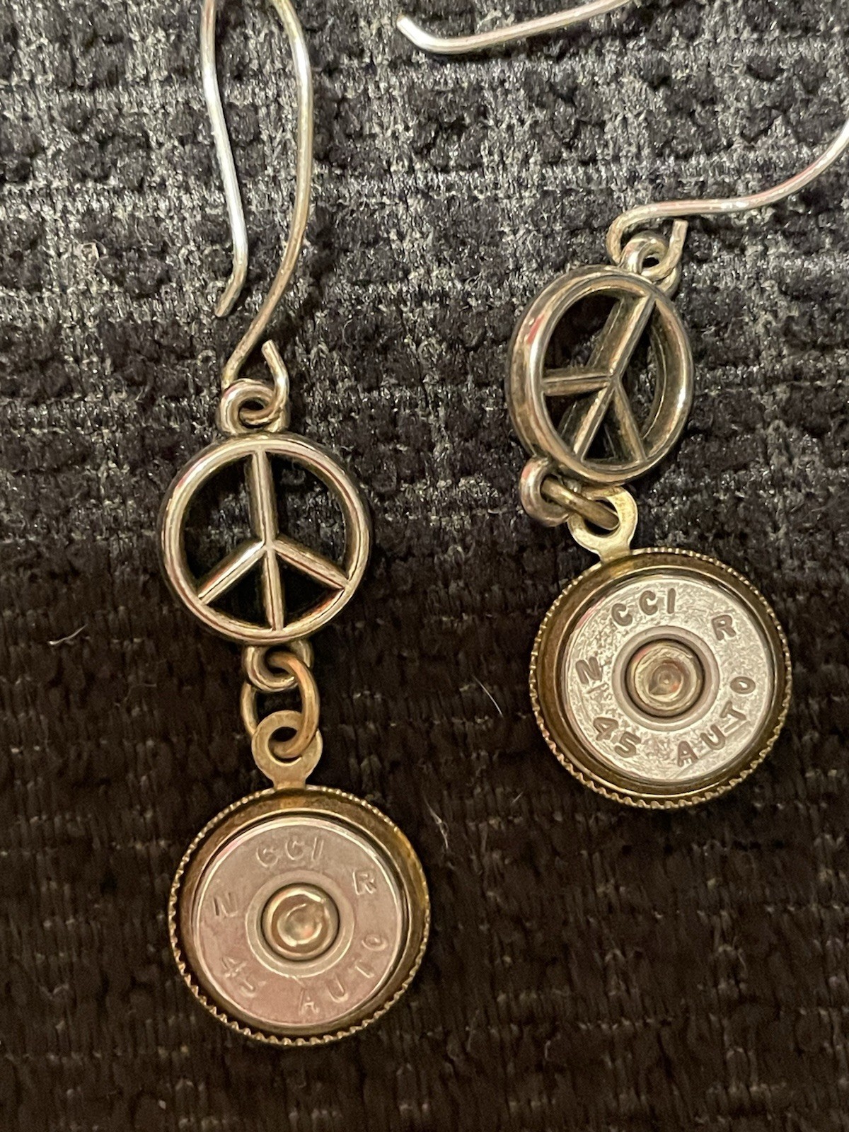 Unique Silver Necklace And Matching Earrings Skeleton, Peace Signs And Bullets