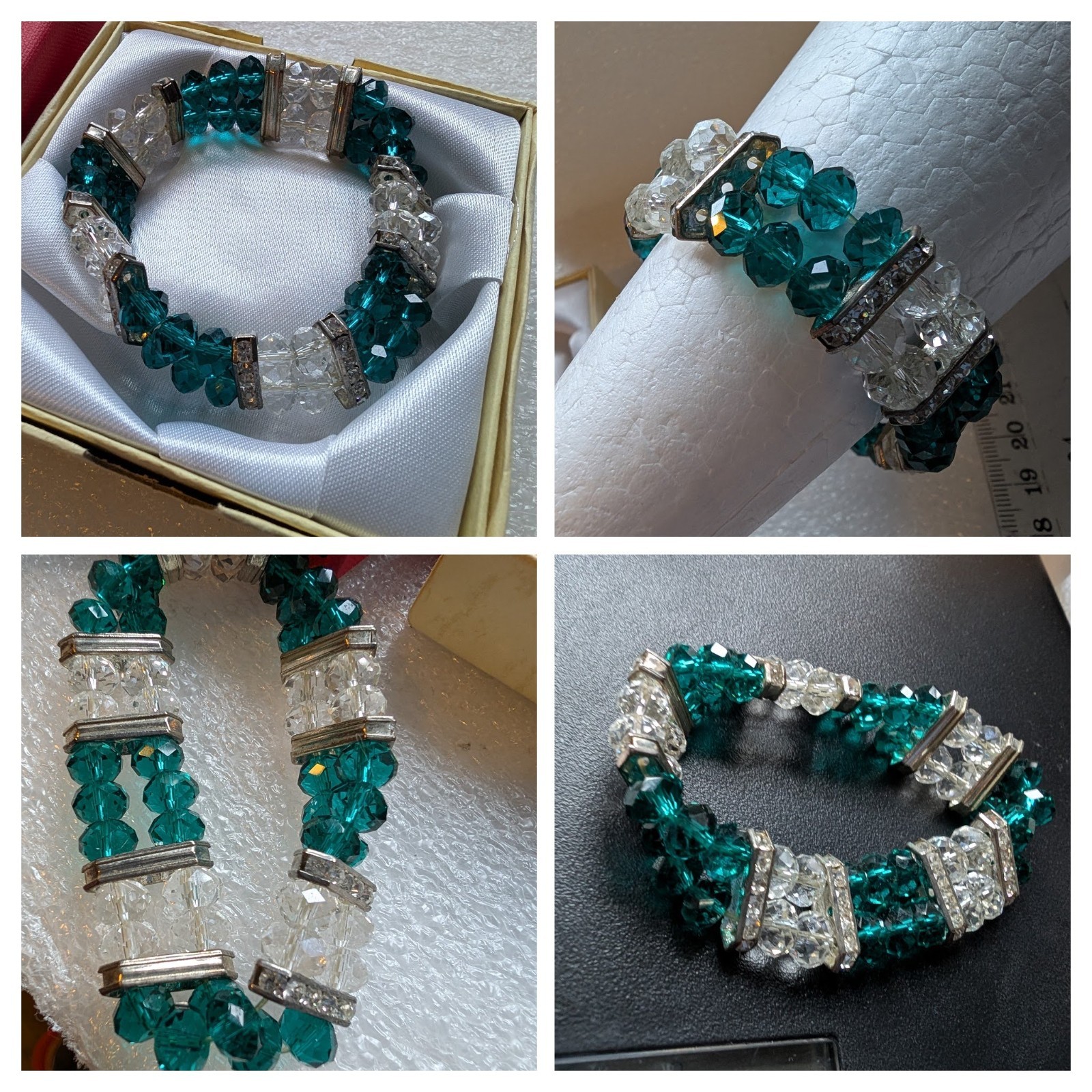 Vintage Green & Clear Beaded + Silver Crystal Spacers Elasticated Bracelet 30g