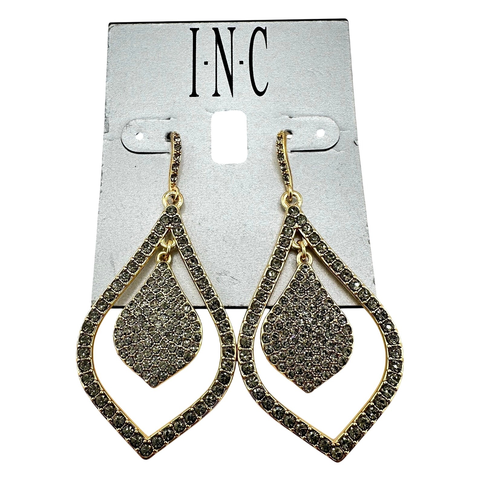 INC NWT Gray Crystal Rhinestone Glam Double Teardrop Gold Tone 2.75″ Earrings