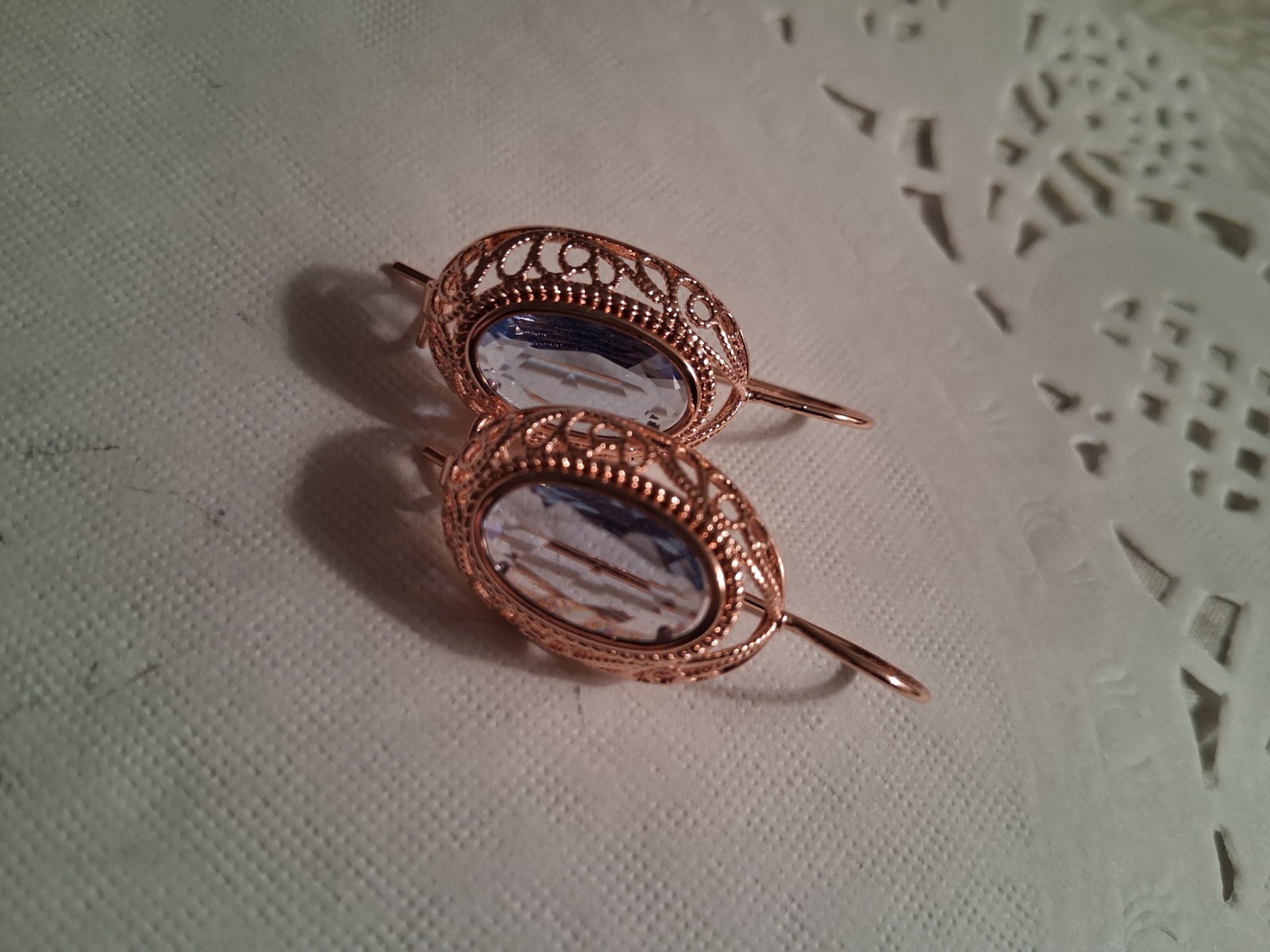 Rose Gold Plated Metal Hook Dangle Drop Earrings Oval Blue Crystal Bezel Lobe