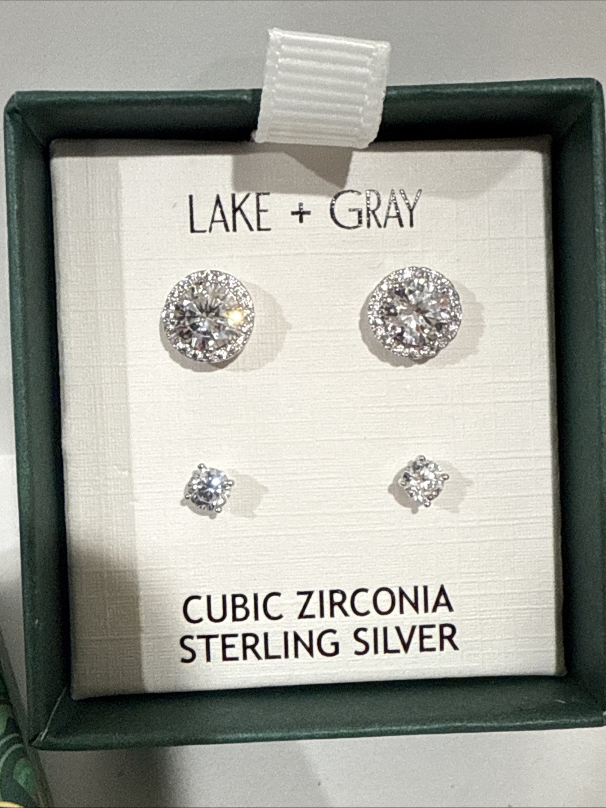 2 Pair Lake + Gray CZ 925 Sterling Silver Stud Earrings