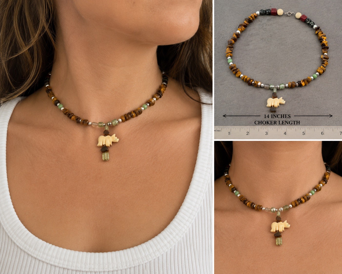 14” Choker Animal Carved Bear Tiger Eye Bead Necklace w/Bear Pendant Tribal Boho