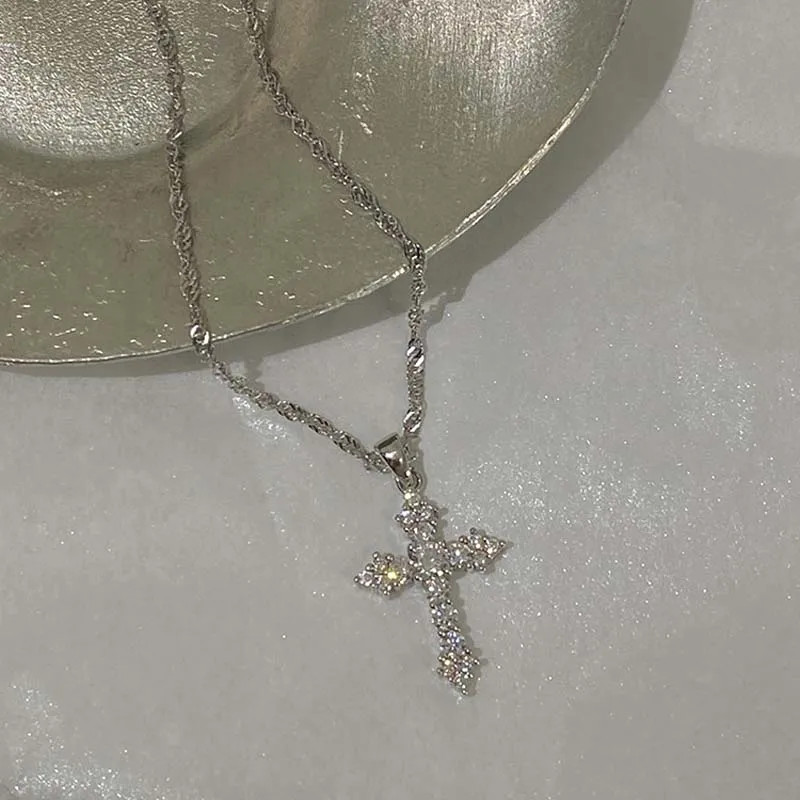 Shiny Crystal Zircon Cross Pendant Necklace for Women Girls Punk Silver Color Th