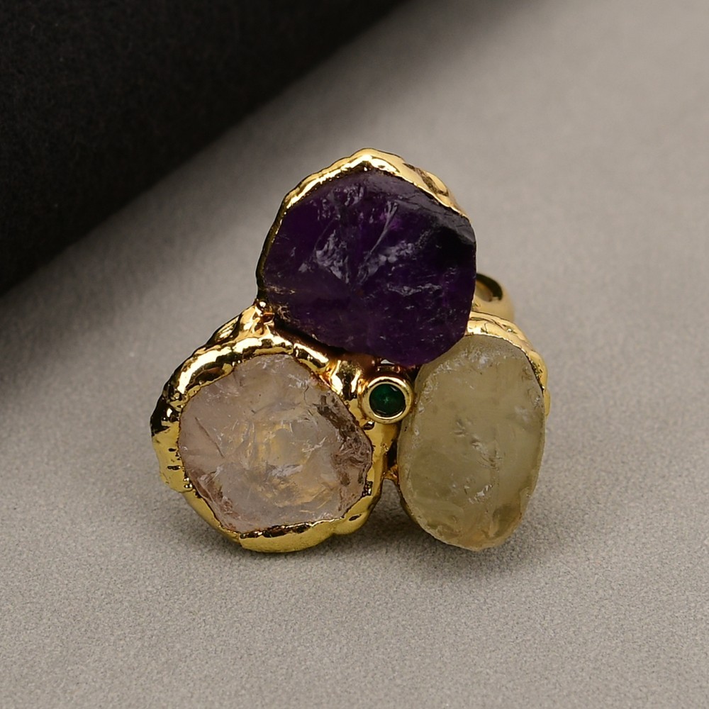 Natural Purple Amethyst Quartz Yelllow Citrine Gold Plated Rings For Women